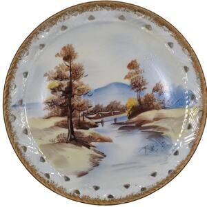 Vintage painted winter scene punched gold trim collectors plate Japan